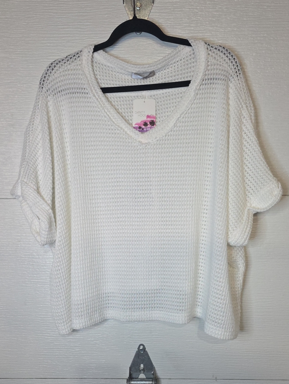 White Open-Weave V-Neck Knit Top